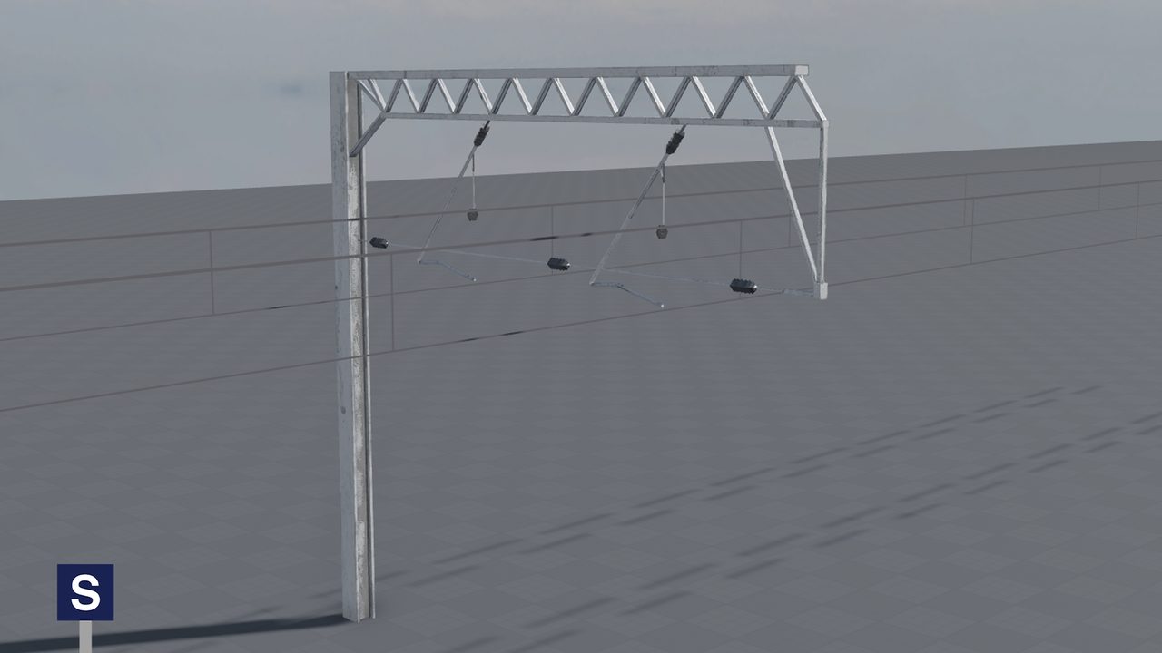 A concrete overhead line mast with a truss cantilever, insulators and contact wires.