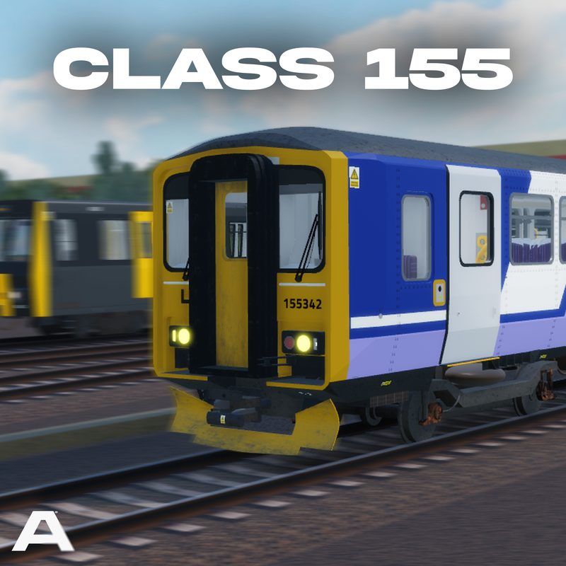 A Class 155 train in blue, white and purple livery with a yellow front.