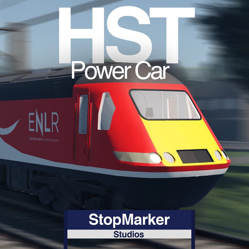 Class 43 HST Power Car in a red and yellow livery, shown at speed.
